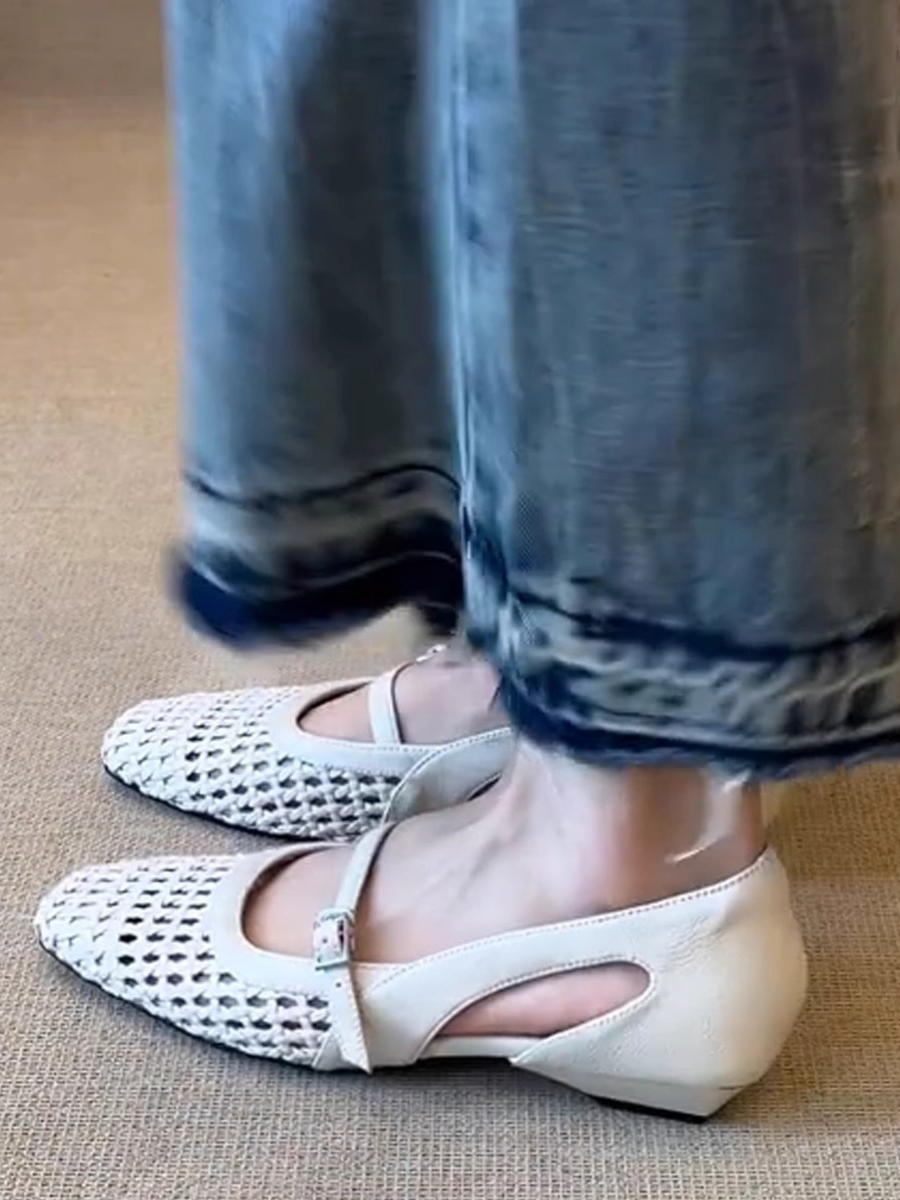 Vintage Woven Mesh Square-Toe Mary Jane Flats | Cutout Soft Sole Buckle Shoes