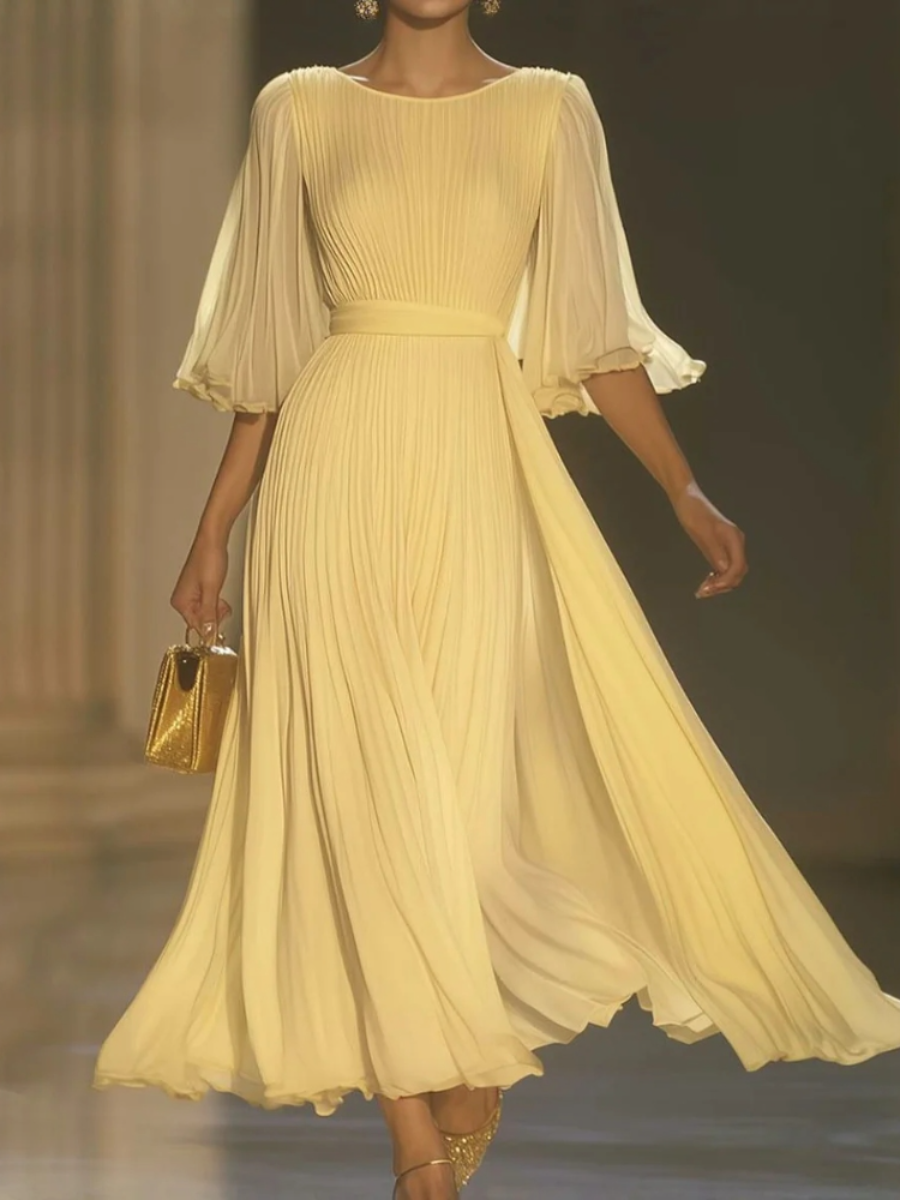 Yellow Plain Round Neck Maxi Dress
