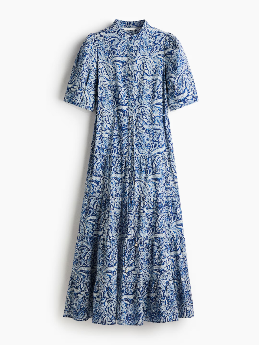 Blue Paisley Puff Sleeve Midi Dress
