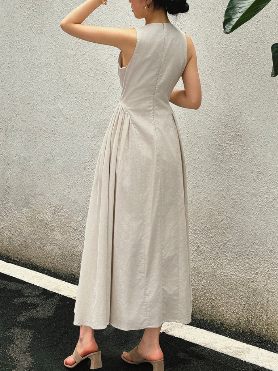 Cotton & Linen Pleated Cutout Long Dress
