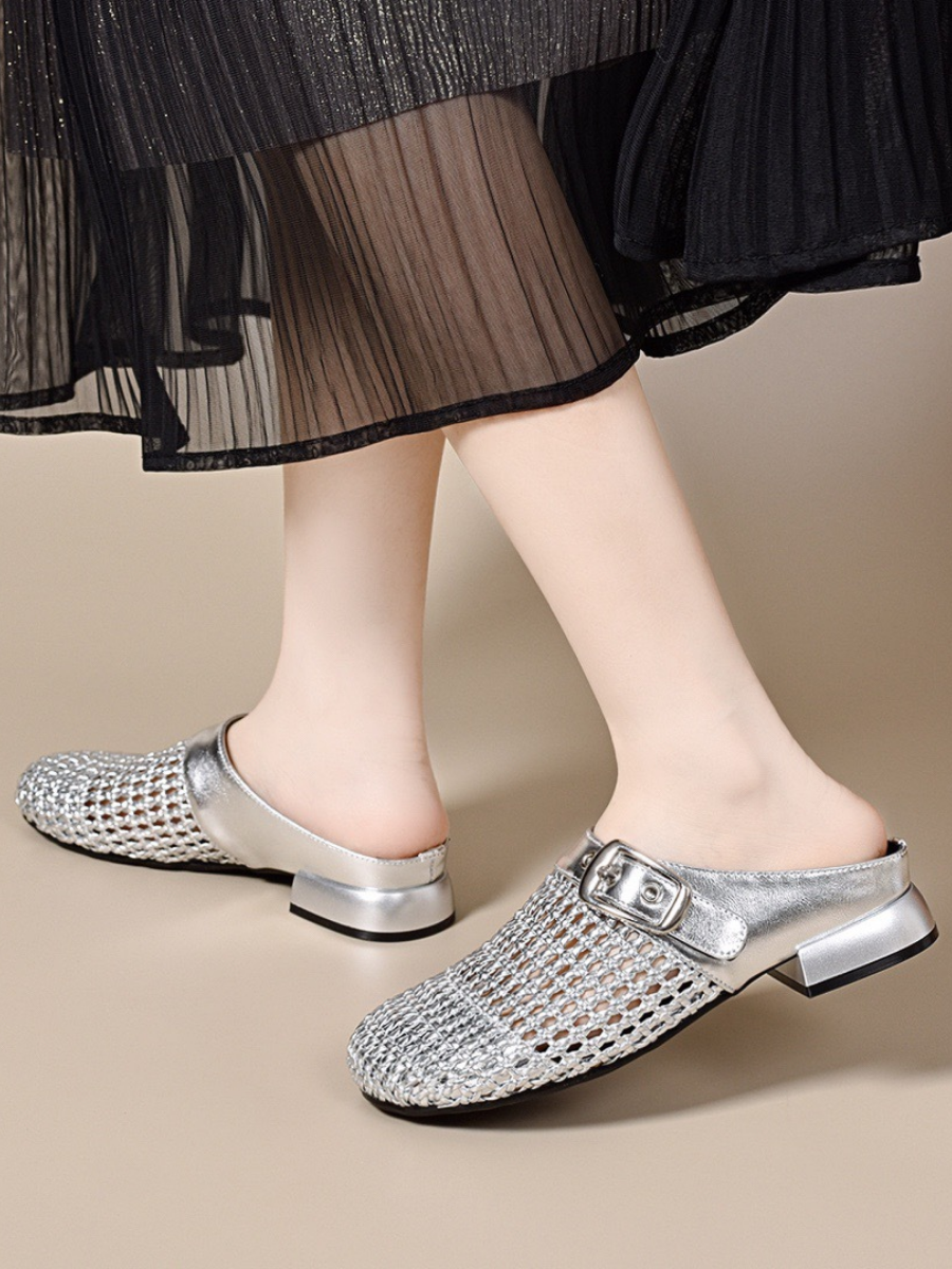 Woven Leather Buckle Mules | Breathable Low-Heel Slides for Women