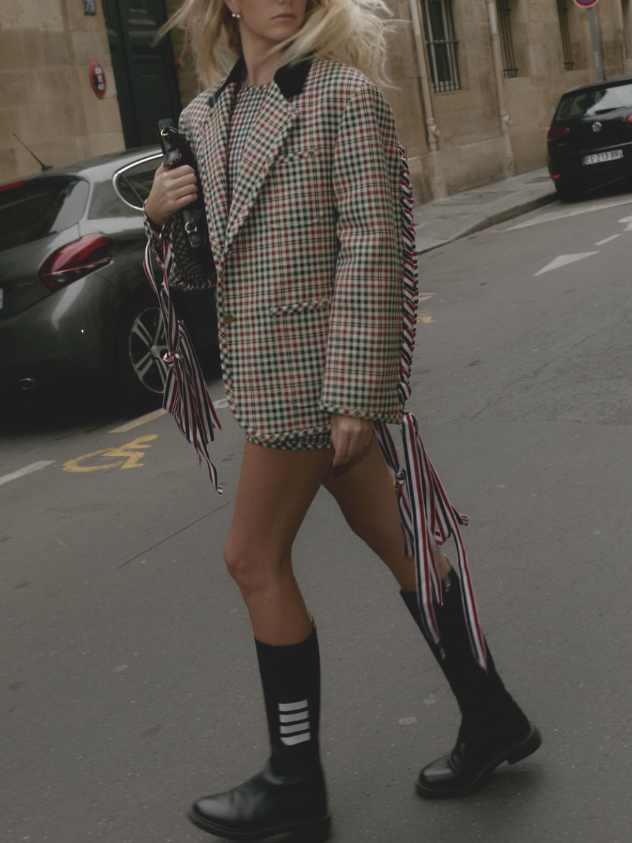 Plaid Tailored Blazer with Ribbon Lace-Up Sleeves