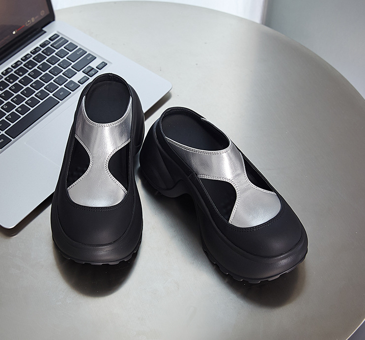 Chunky Platform Slide Sandals | Black Silver Casual Mule Clogs