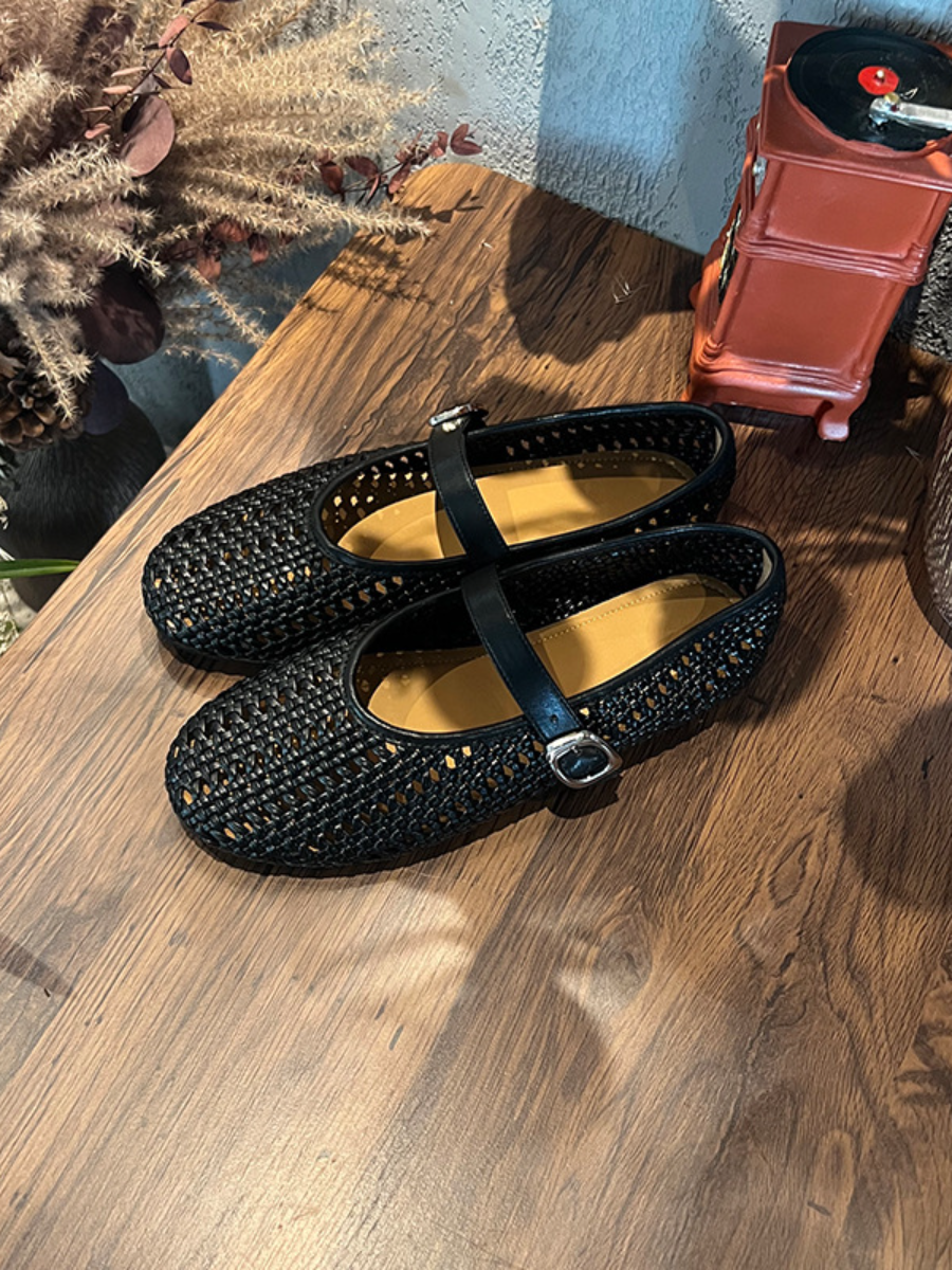 Breathable Woven Mary Jane Flats | Perforated Retro Buckle Loafers