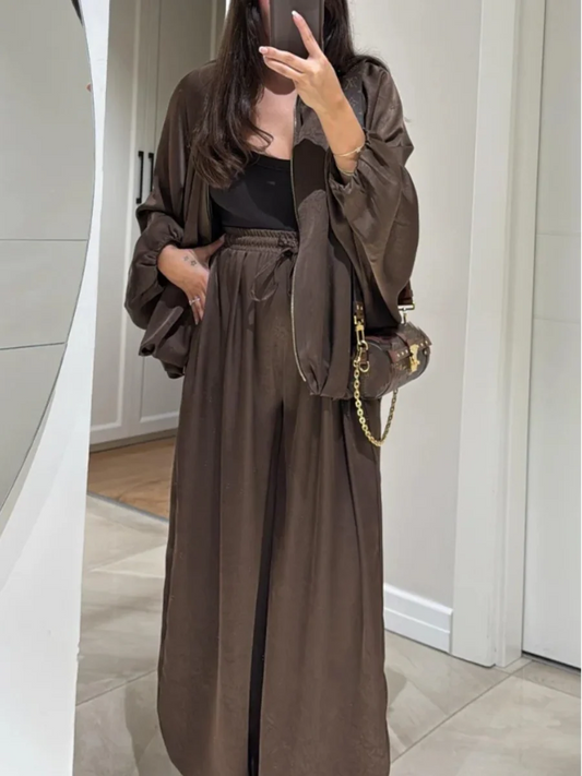 Women Round Neck Zipper Jacket   Pants Casual Suit