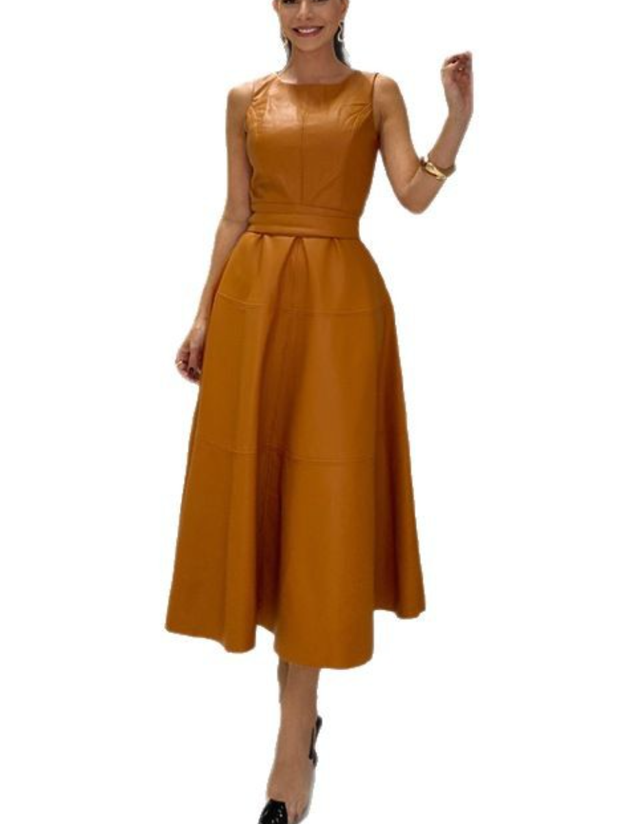 Sleeveless Faux Leather Waist-Cinch Midi Dress