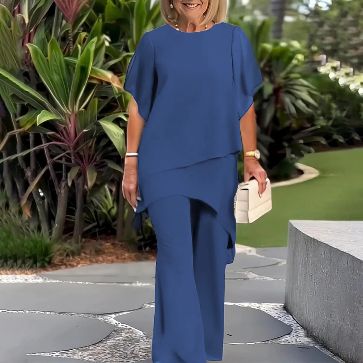 Navy Plain Round Neck Short Sleeve Two Piece Set