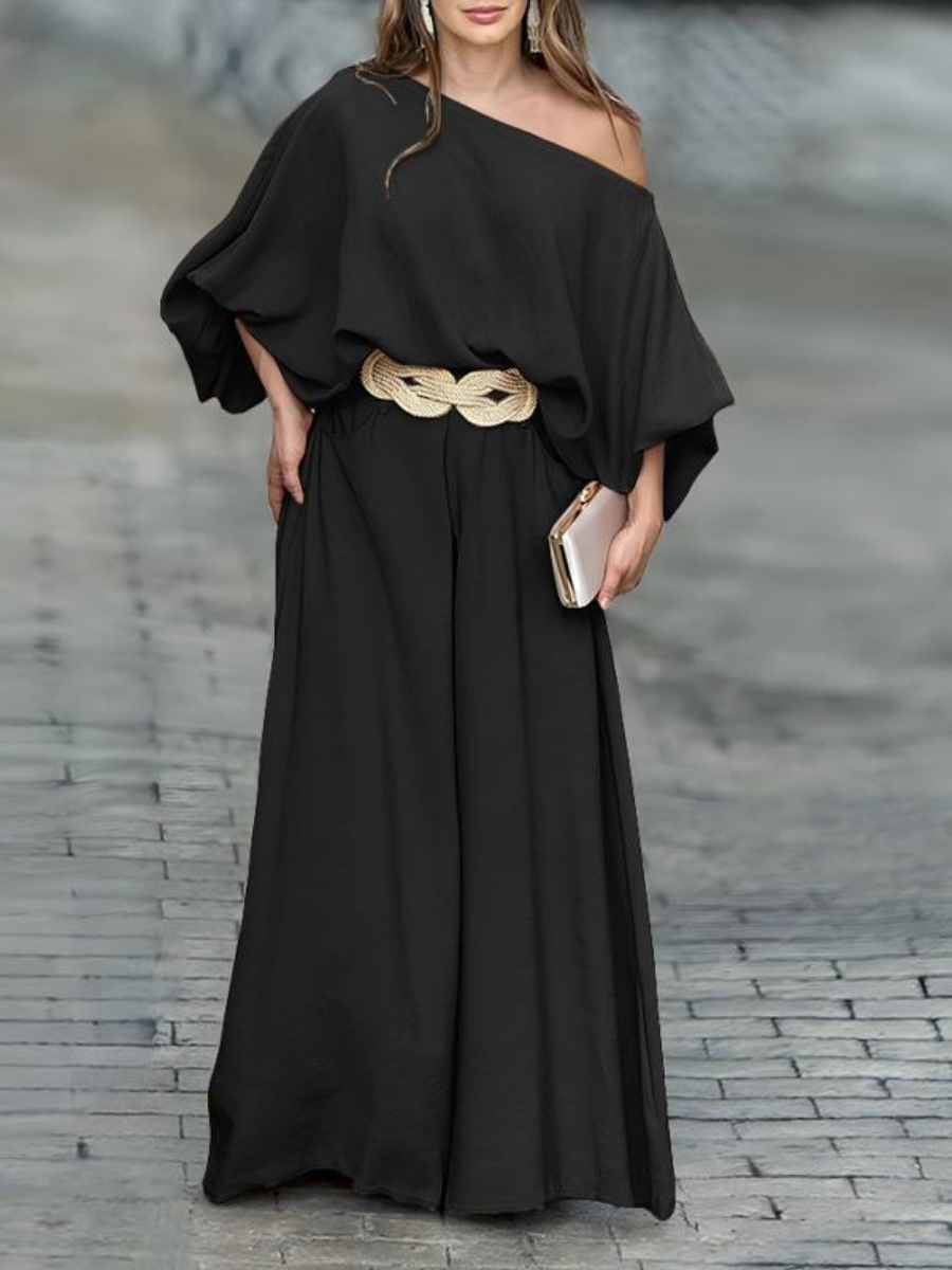 2026 Women's Skew Neck Lantern Sleeve Top & Wide Leg Pants Set
