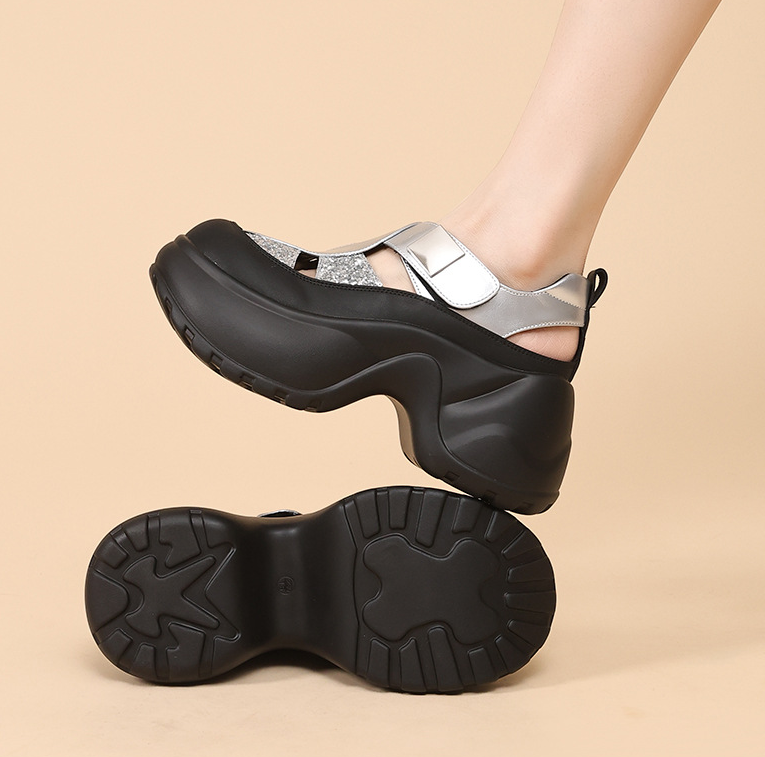 Glitter Platform Mary Jane Sandals | Chunky Wedge Heel with Studded Strap