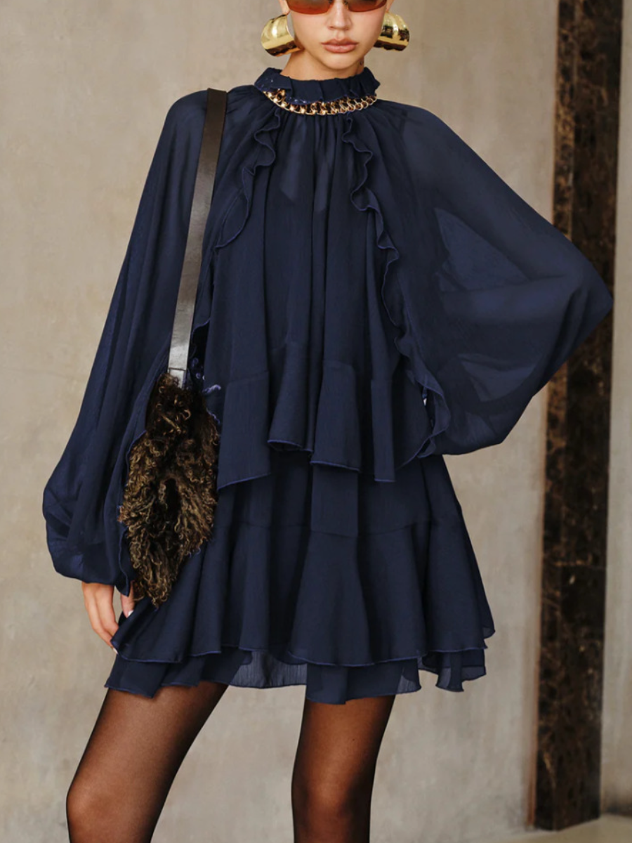 Soft Ruffle Chiffon Mini Dress with Built-In Lining