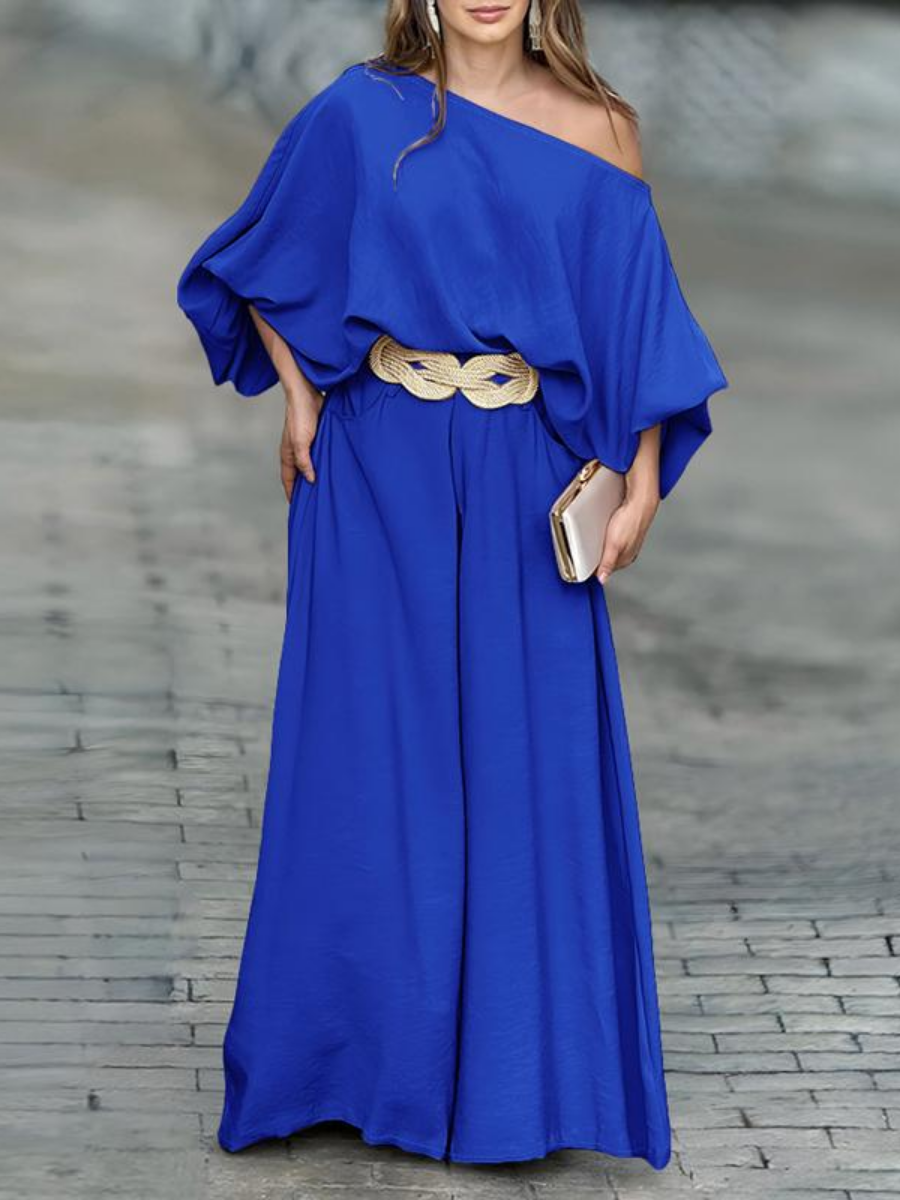 2026 Women's Skew Neck Lantern Sleeve Top & Wide Leg Pants Set