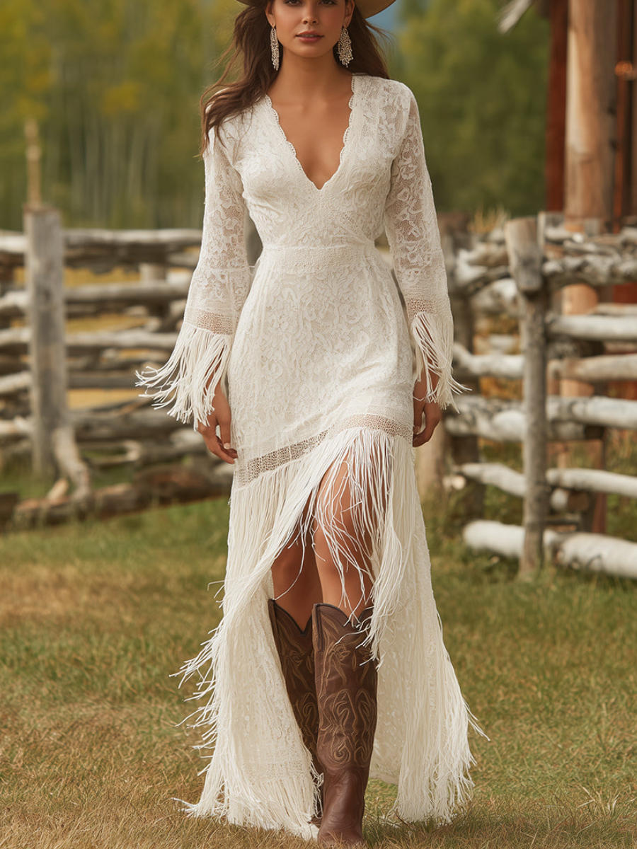 Retro White Lace V-neck Long Sleeve Tassel Maxi Dress