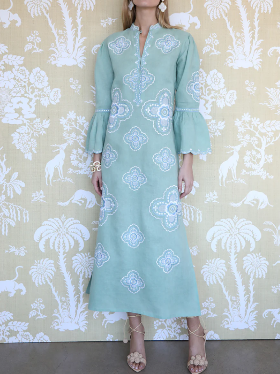 Embroidered Linen Bell-Sleeve Maxi Dress