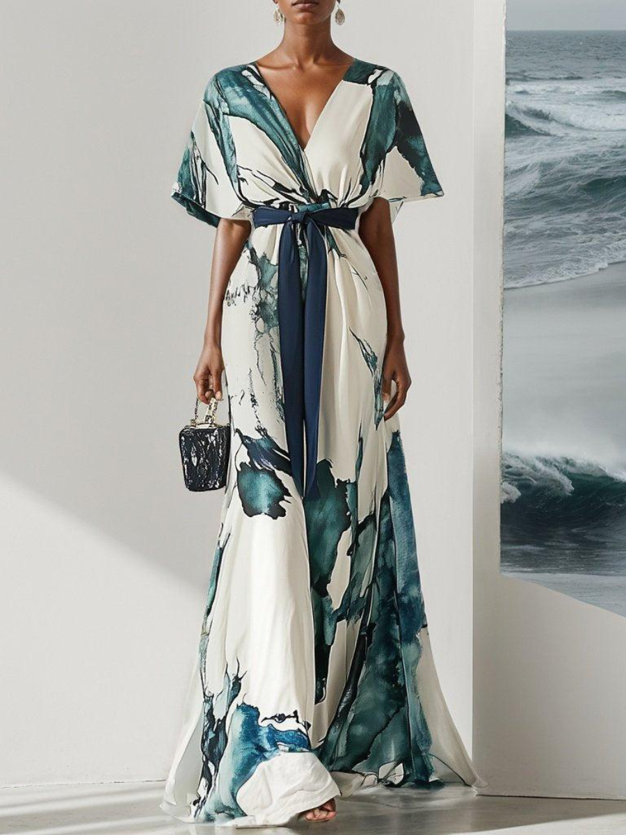 Trendy V-Neck Short Sleeve Maxi Dress