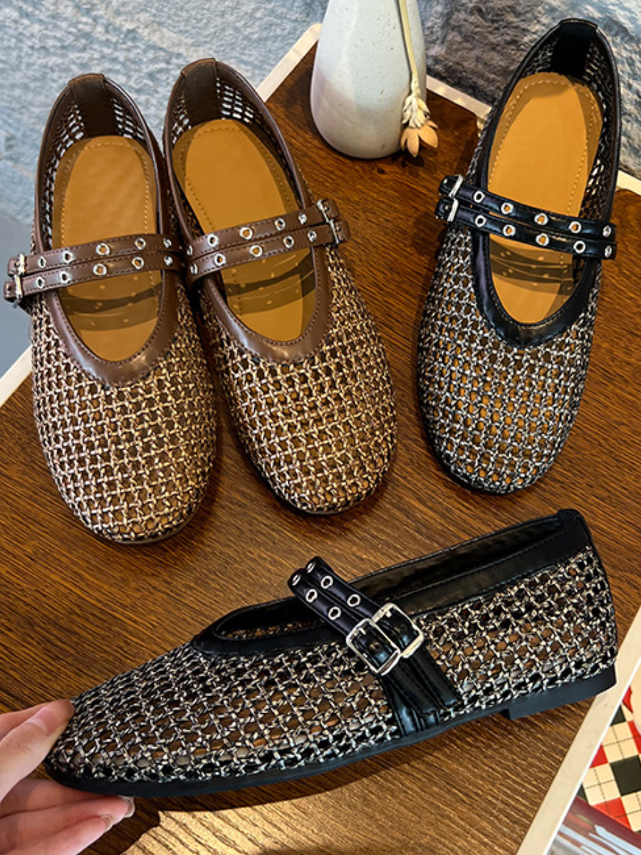 Mesh Mary Jane Flats | Breathable Studded Strap Ballet Flats