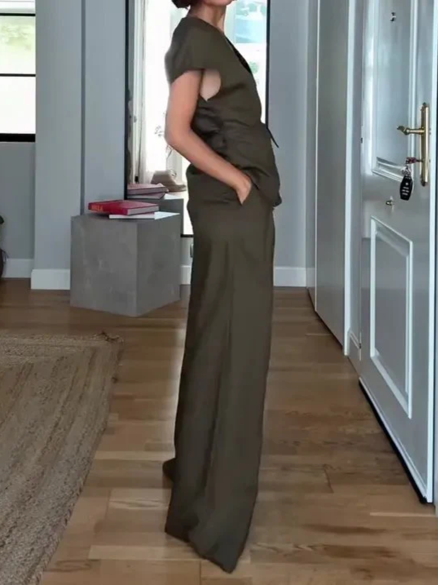 Ladies' V-neck Waist Cinched Top  Pants Casual Suit