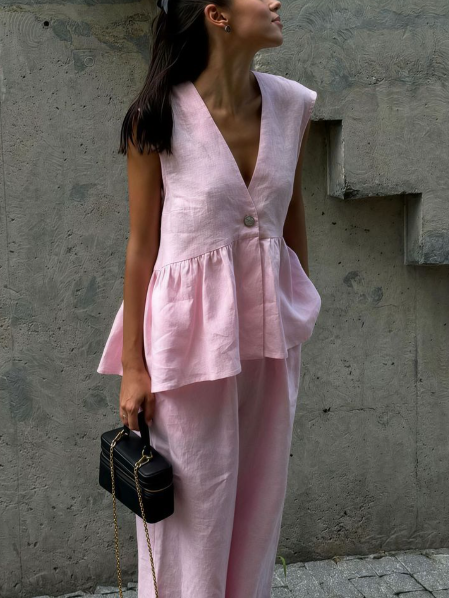 Ladies' V-neck Patchwork Top  Pants Casual Suit