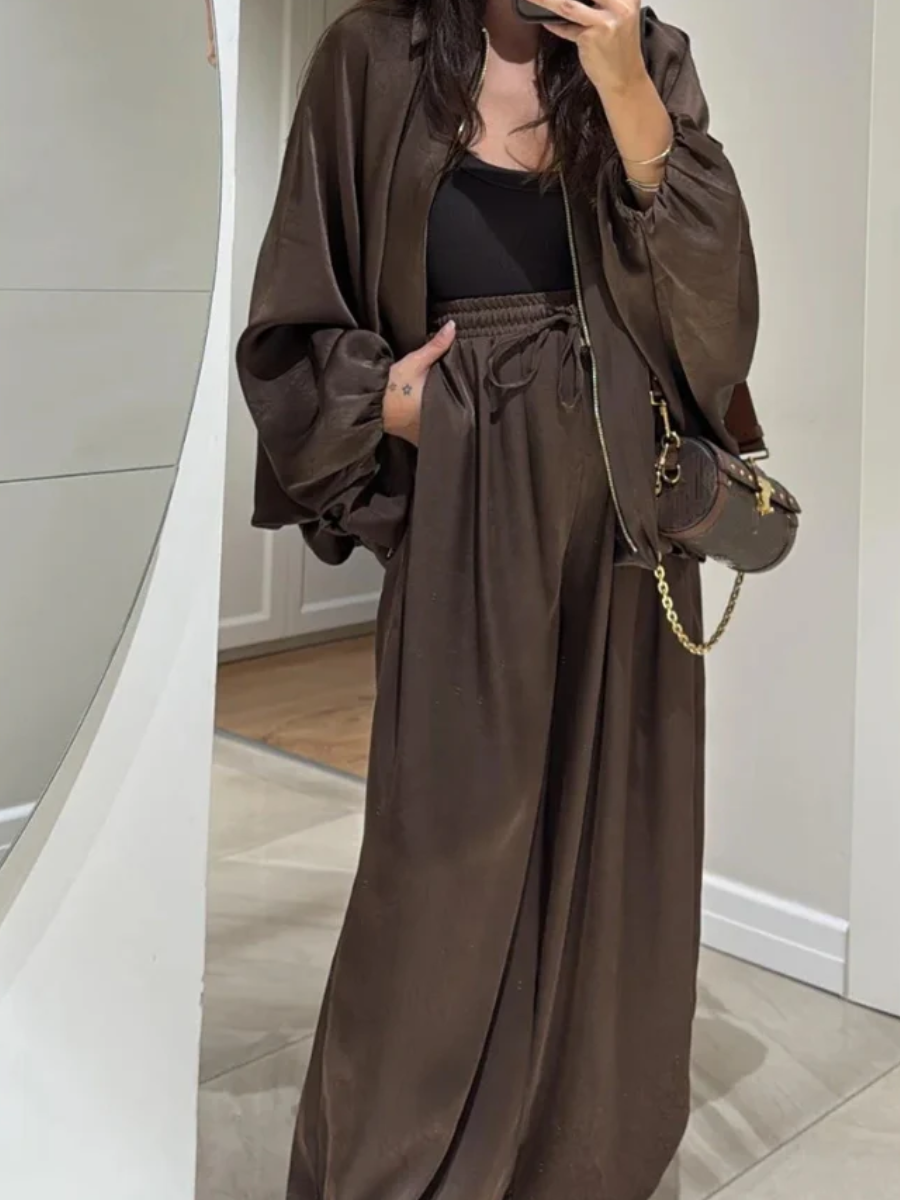 Women Round Neck Zipper Jacket   Pants Casual Suit