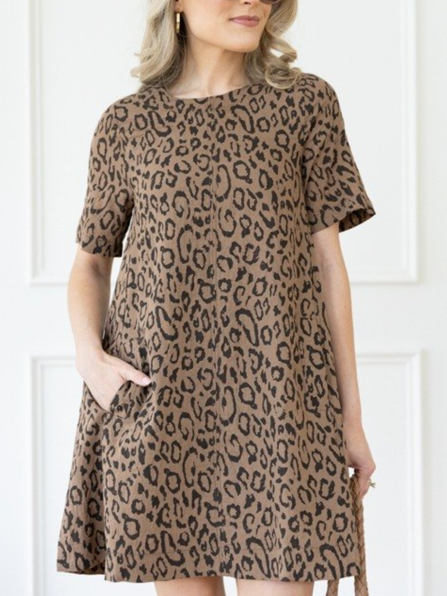 Leopard Print Linen-Blend Shift Dress