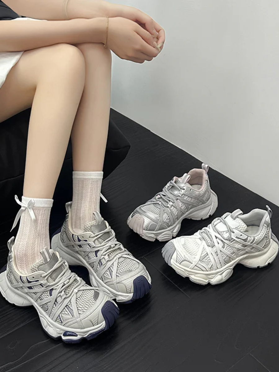 Retro Chunky Dad Sneakers for Women | Light Gray & Navy Athletic