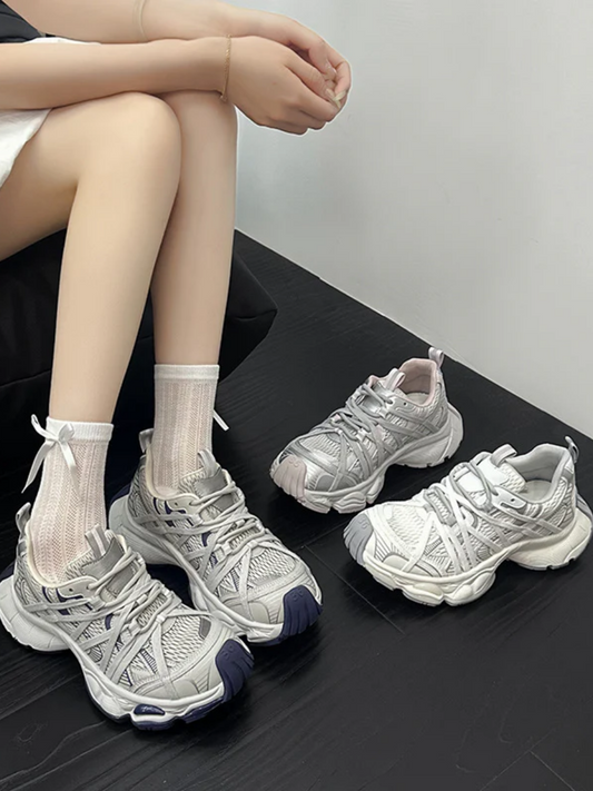 Retro Chunky Dad Sneakers for Women | Light Gray & Navy Athletic