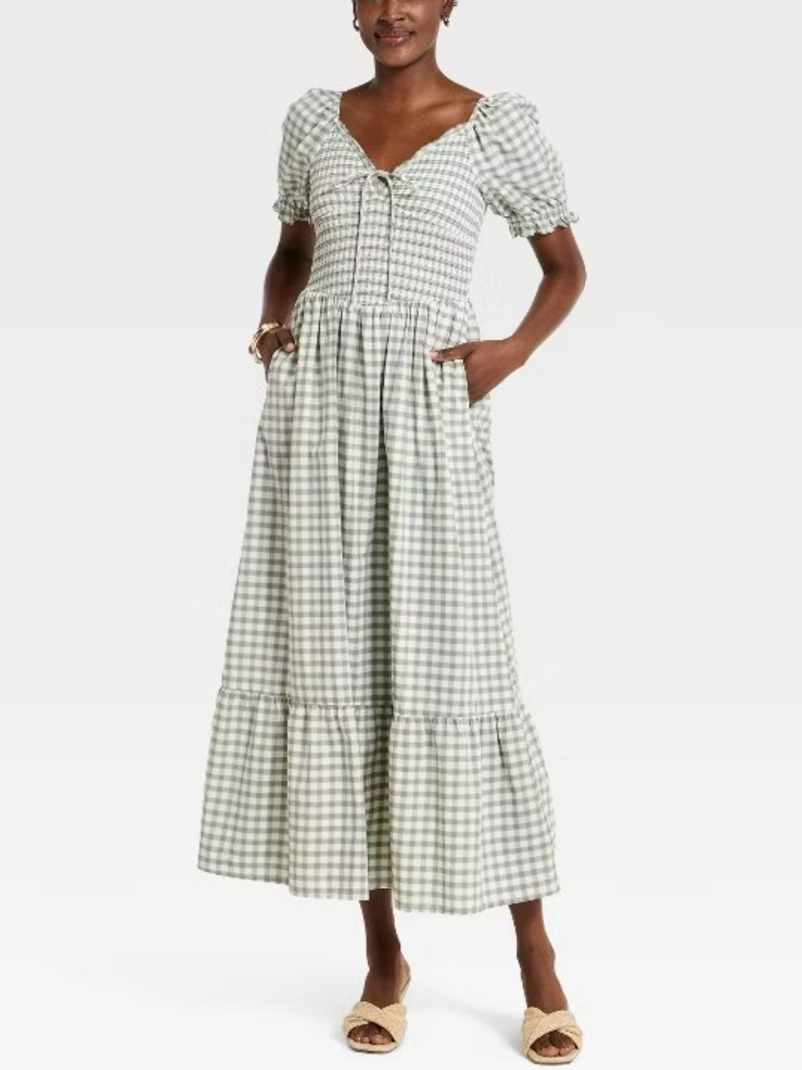 Western Puff Short Sleeve Smocked Midi A-Line Dress