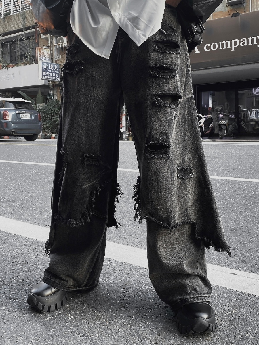 Men's Distressed Black Double-Layer Wide-Leg Jeans