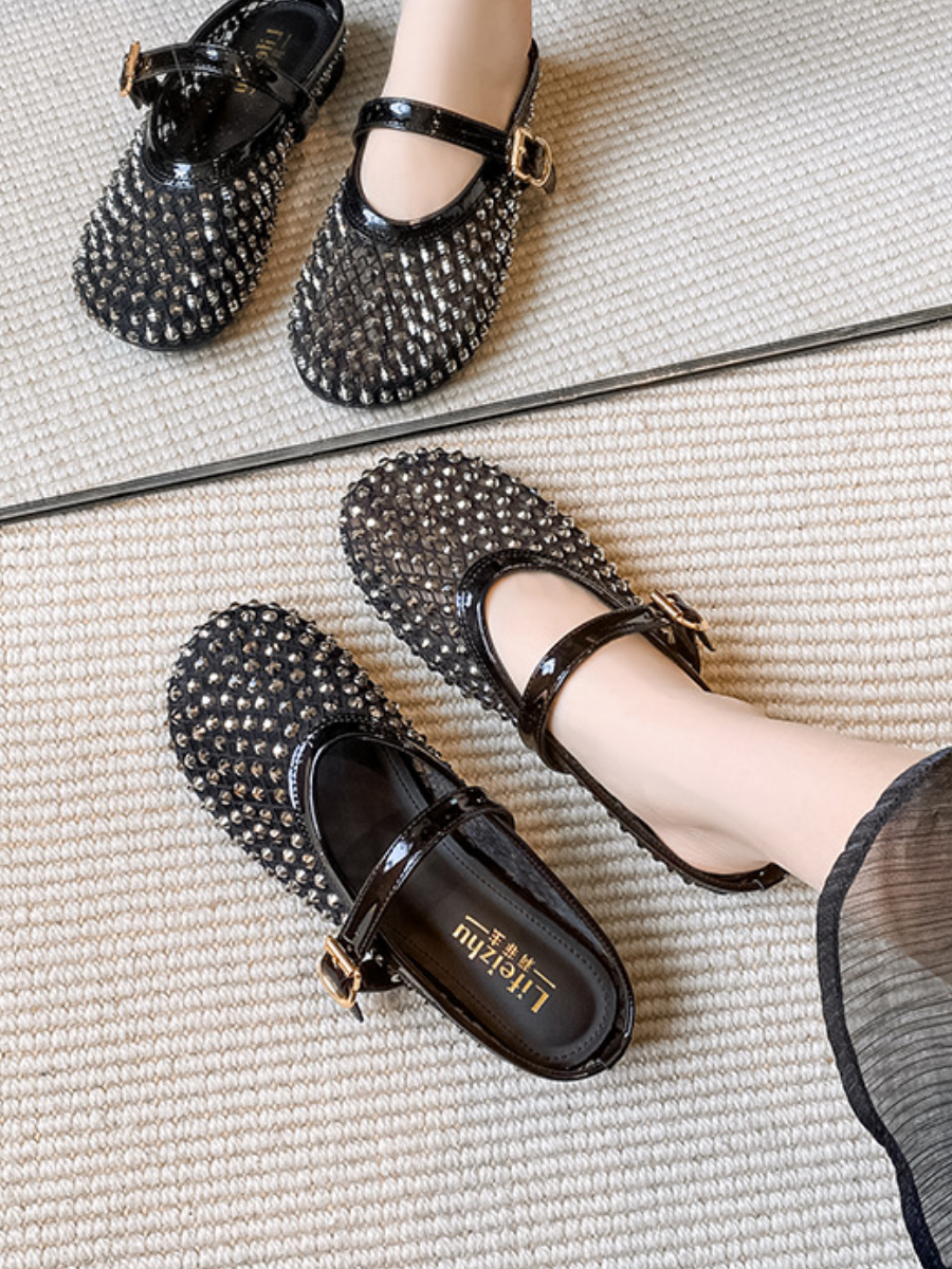 Gold Rhinestone Mesh Mary Jane Mule Flats | Breathable Slip-On Shoes for Women