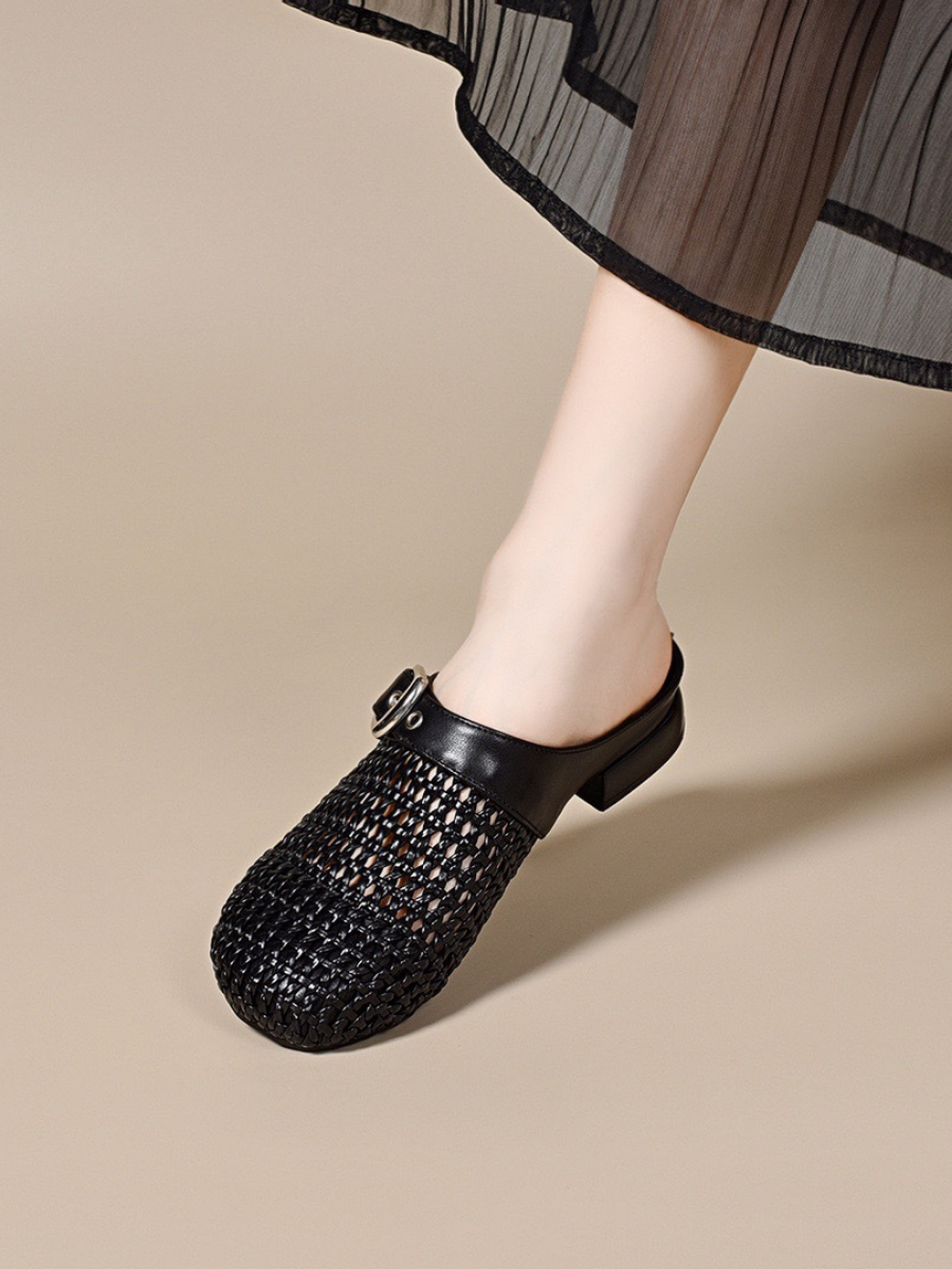Woven Leather Buckle Mules | Breathable Low-Heel Slides for Women