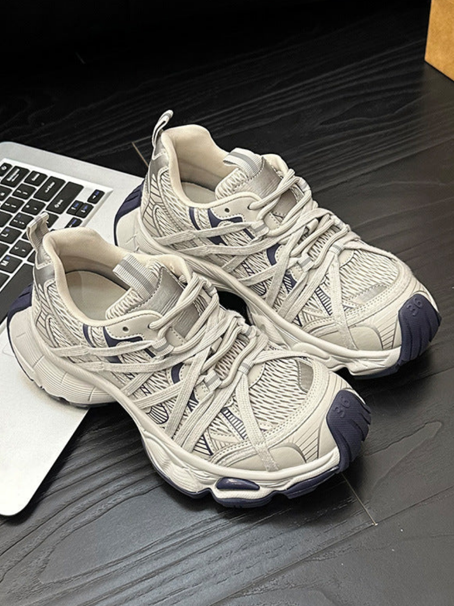 Retro Chunky Dad Sneakers for Women | Light Gray & Navy Athletic