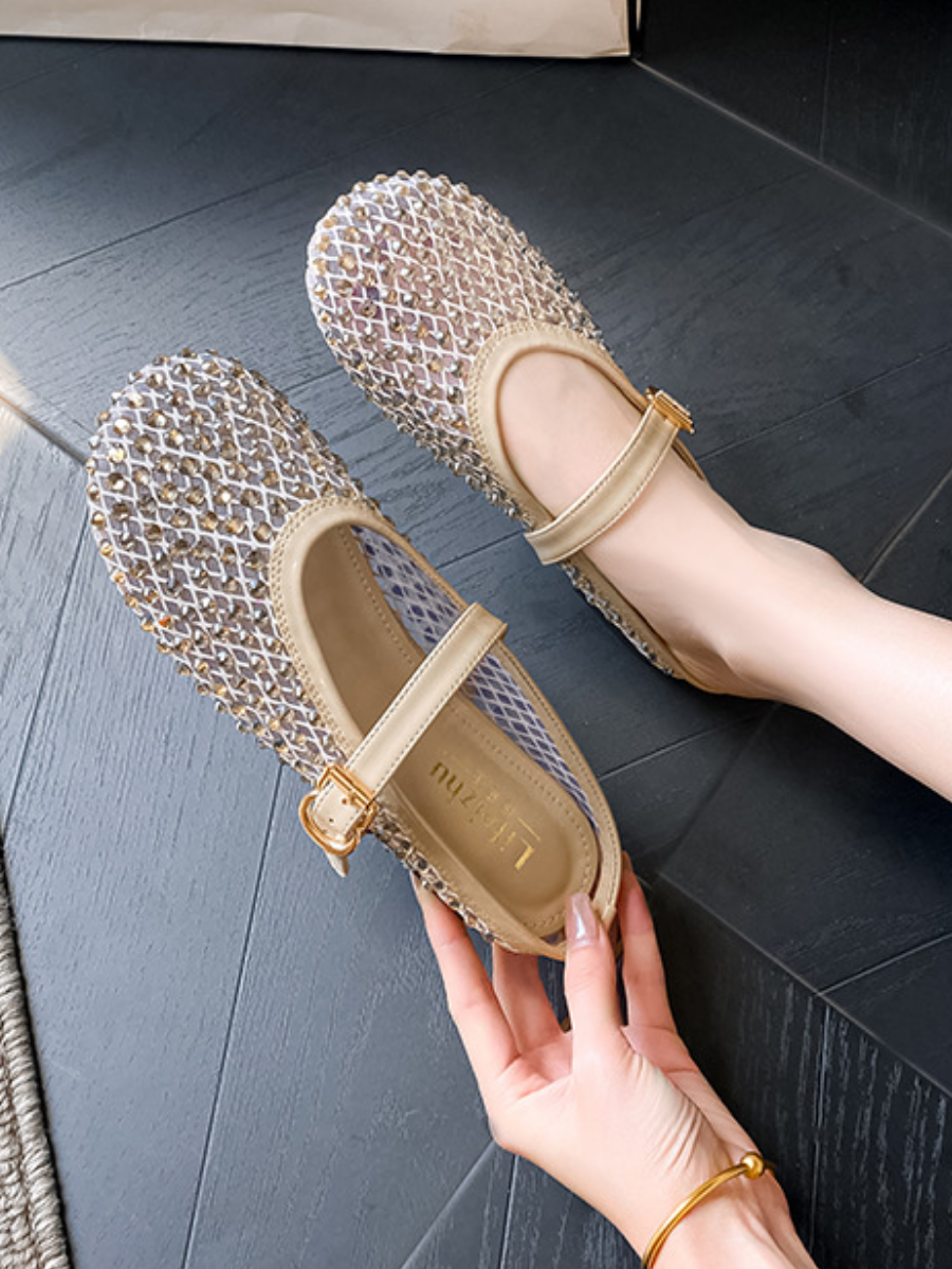 Gold Rhinestone Mesh Mary Jane Mule Flats | Breathable Slip-On Shoes for Women