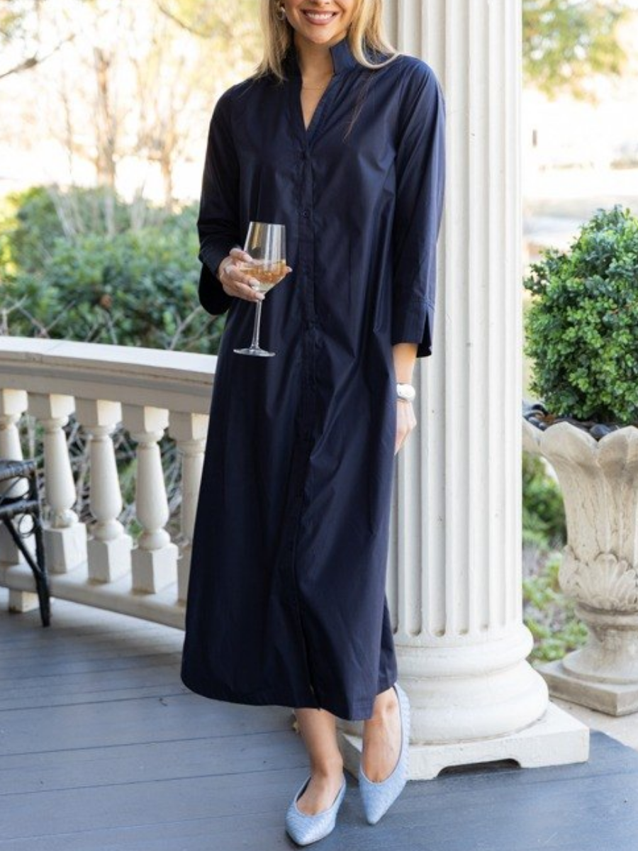 Navy Cotton Poplin Shirt Maxi Dress