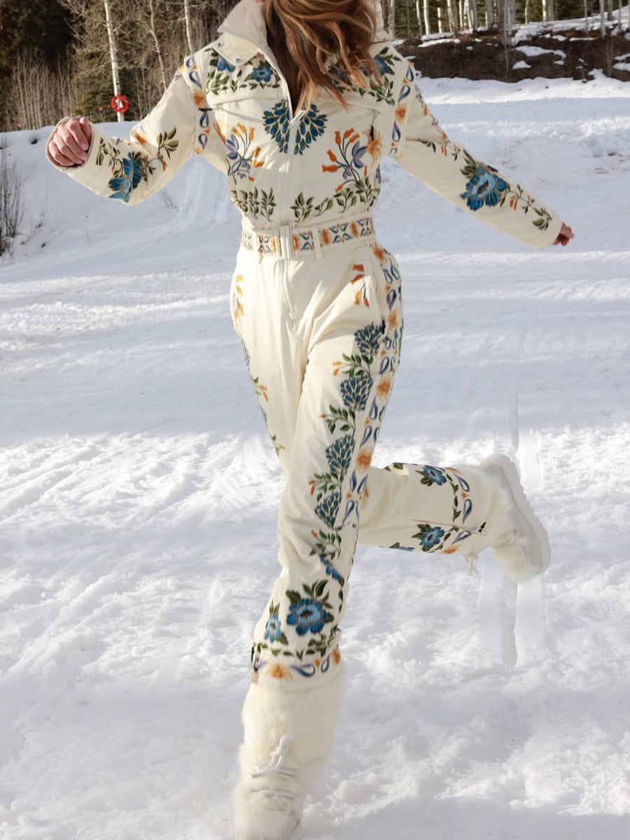 Winter Printed Hooded Belted Ski Jumpsuit