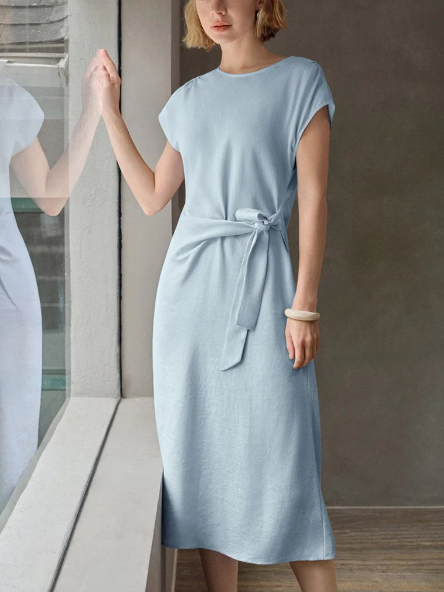 Light Blue Waist-Tie Midi Dress