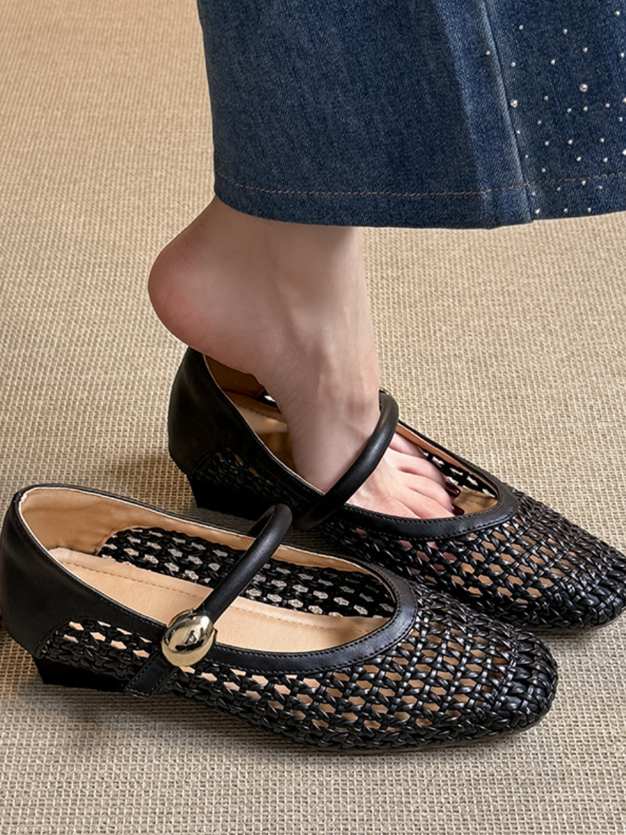 Crochet Woven Mary Jane Flats | Square Toe Breathable Ballet Flats