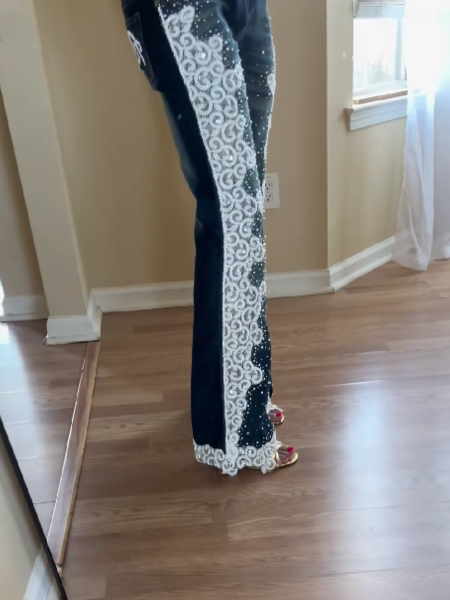 Embellished Lace-Detail Flare Jeans