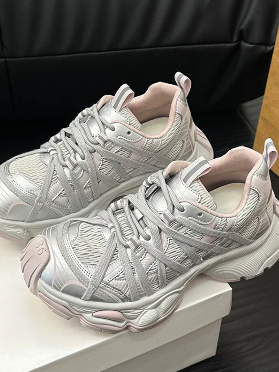 Retro Chunky Dad Sneakers for Women | Light Gray & Navy Athletic