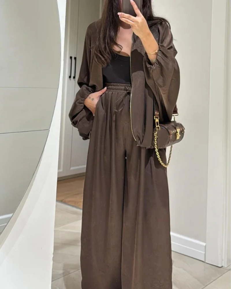 Women Round Neck Zipper Jacket   Pants Casual Suit
