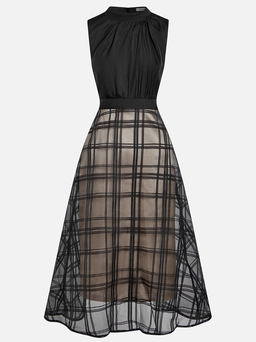 Black Organza Plaid Classic Mock Neck Sleeveless A-Line Midi Dress