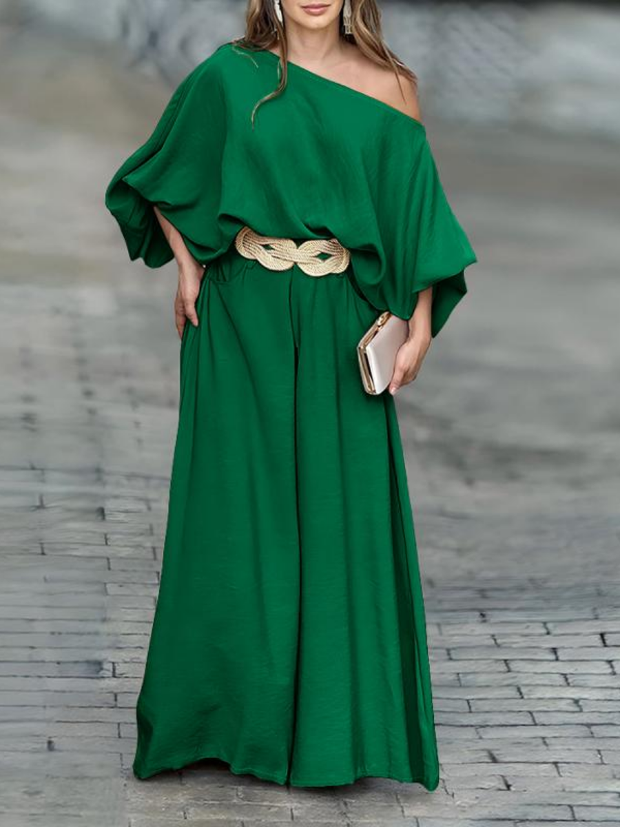 2026 Women's Skew Neck Lantern Sleeve Top & Wide Leg Pants Set