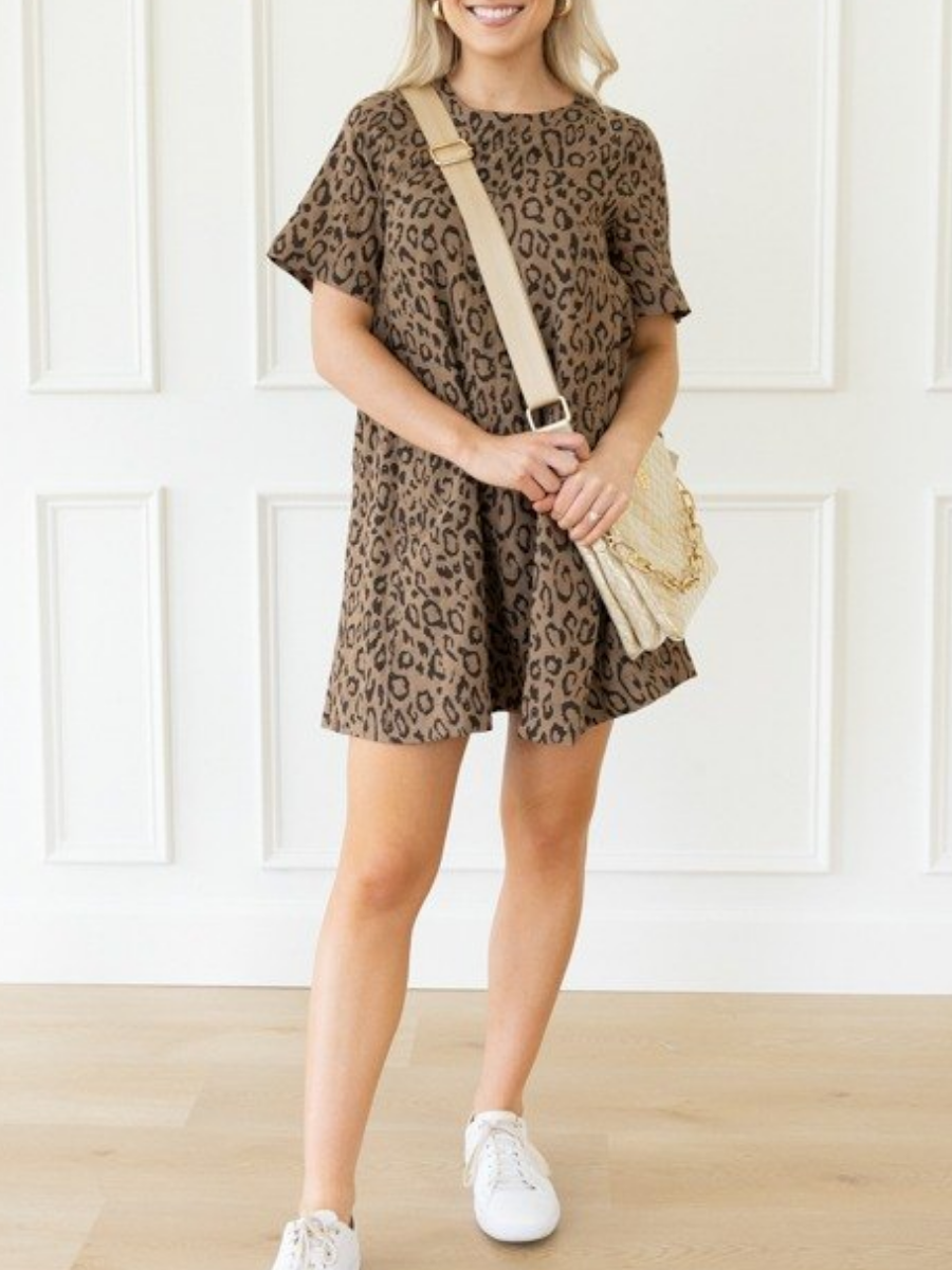 Leopard Print Linen-Blend Shift Dress