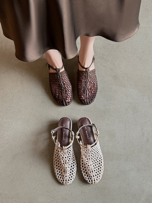 Lace Crochet Mesh Mule Sandals | Low Heel Backless Slingback Flats