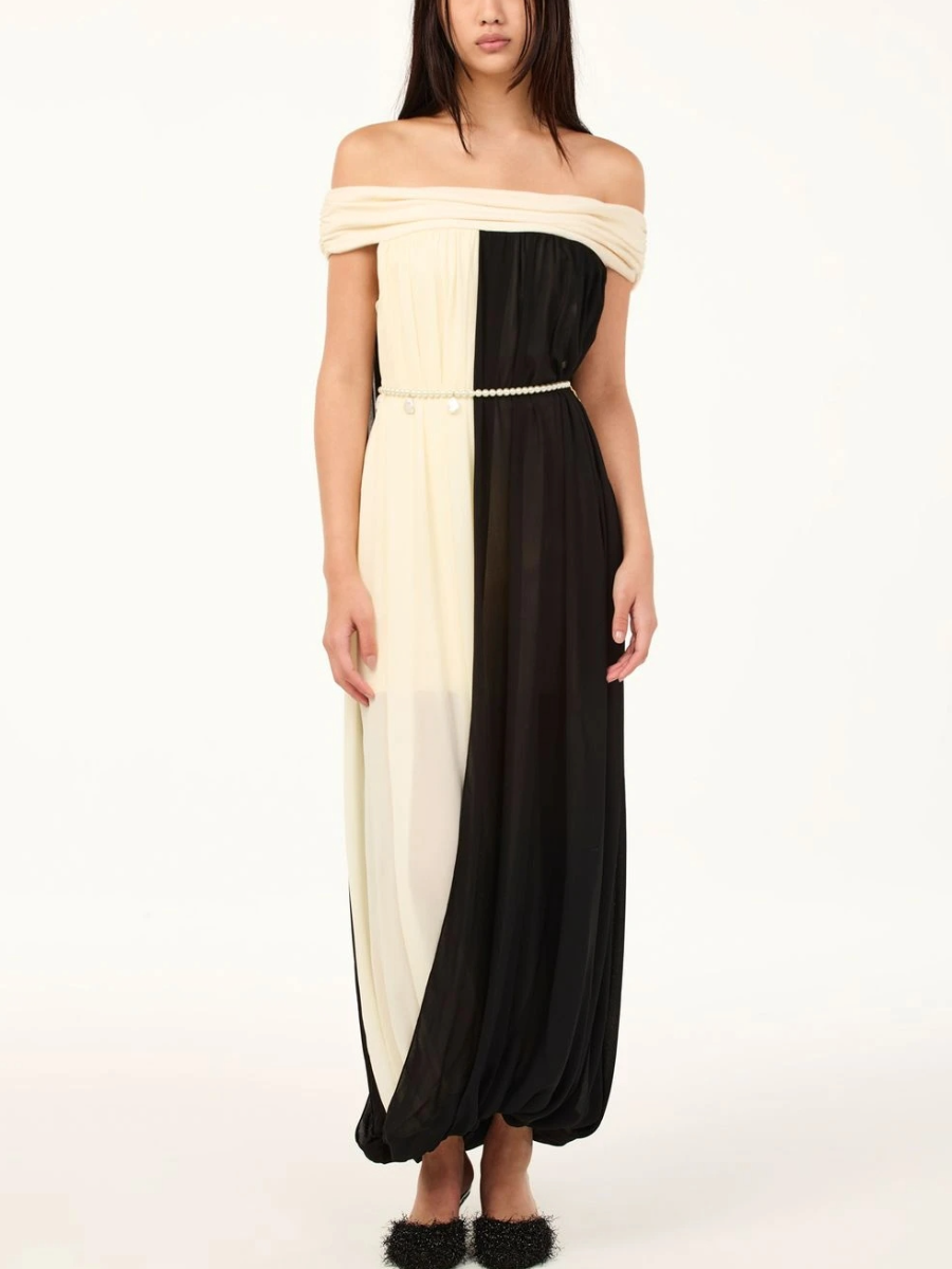 Monochrome Off-Shoulder Chiffon Maxi Dress