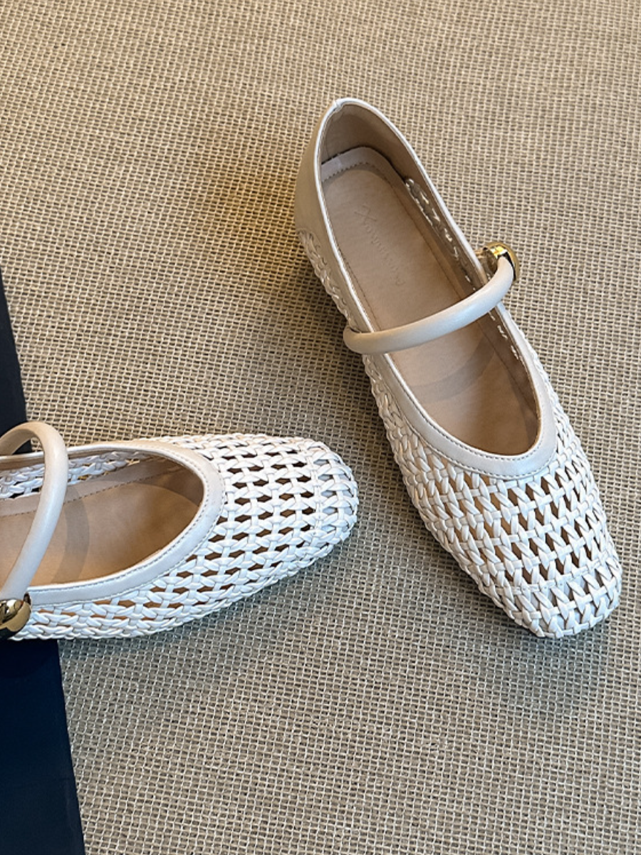 Crochet Woven Mary Jane Flats | Square Toe Breathable Ballet Flats