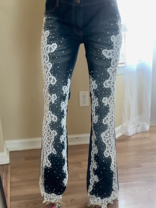 Embellished Lace-Detail Flare Jeans