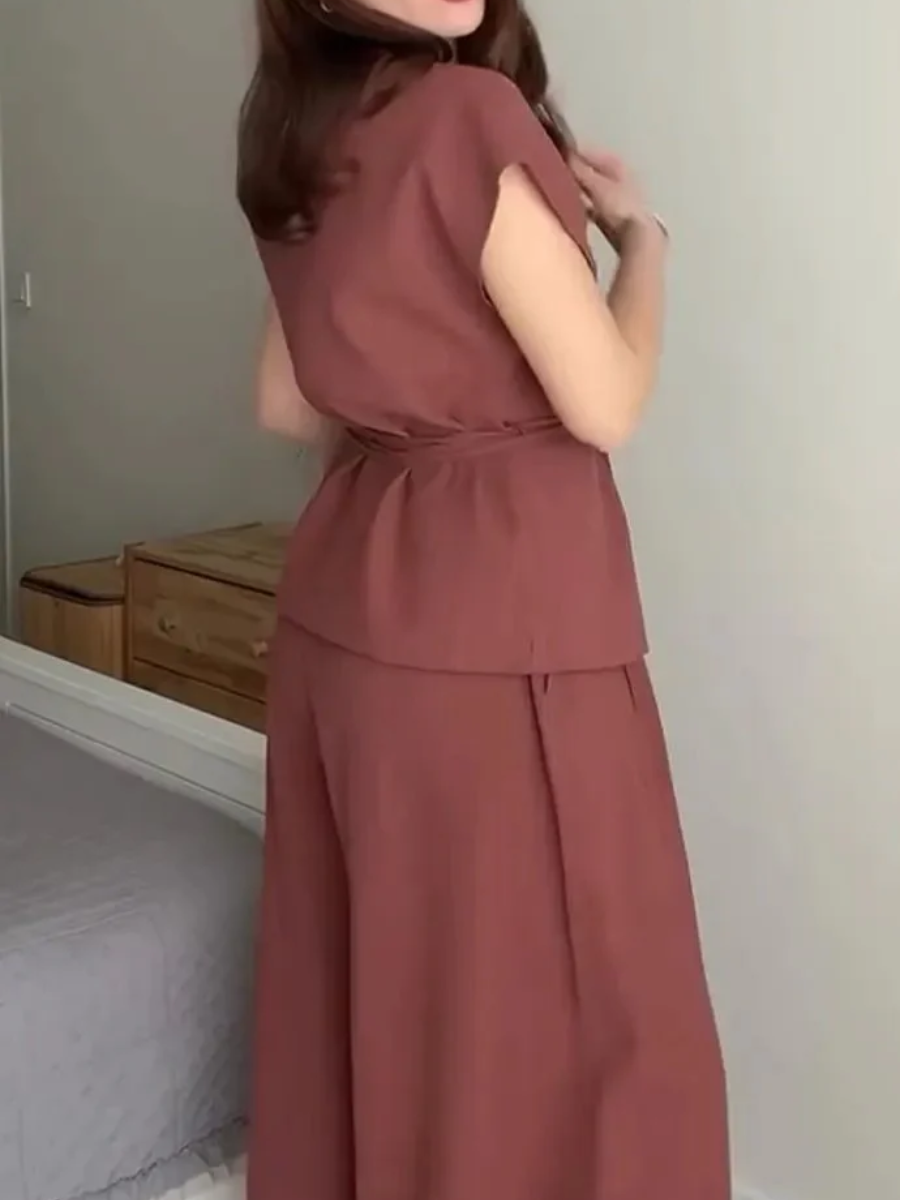 Ladies' V-neck Waist Cinched Top  Pants Casual Suit