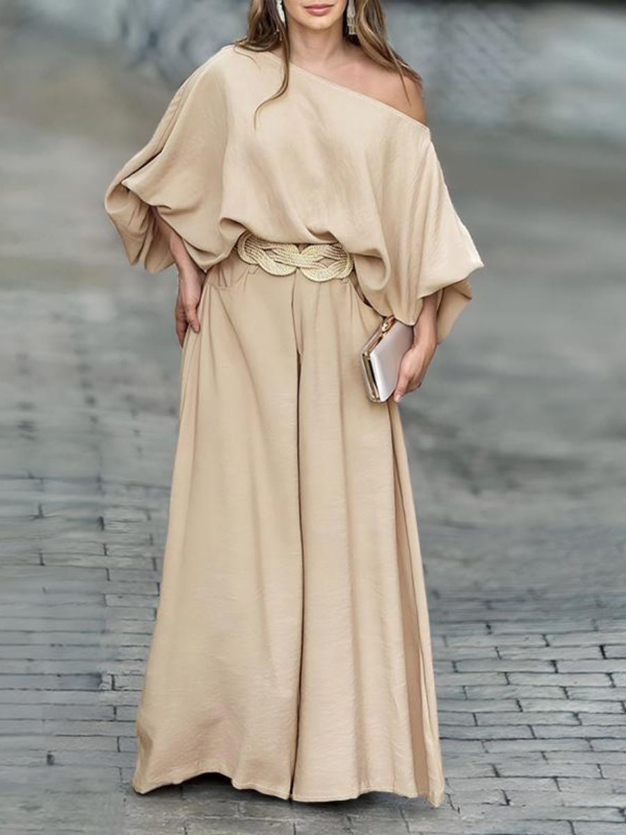 2026 Women's Skew Neck Lantern Sleeve Top & Wide Leg Pants Set