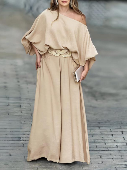 2026 Women's Skew Neck Lantern Sleeve Top & Wide Leg Pants Set