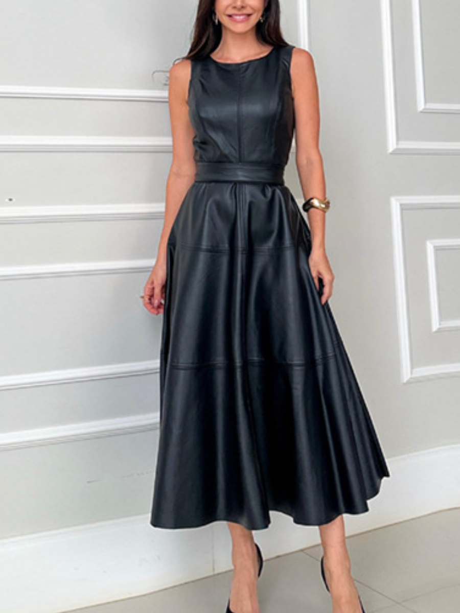 Sleeveless Faux Leather Waist-Cinch Midi Dress