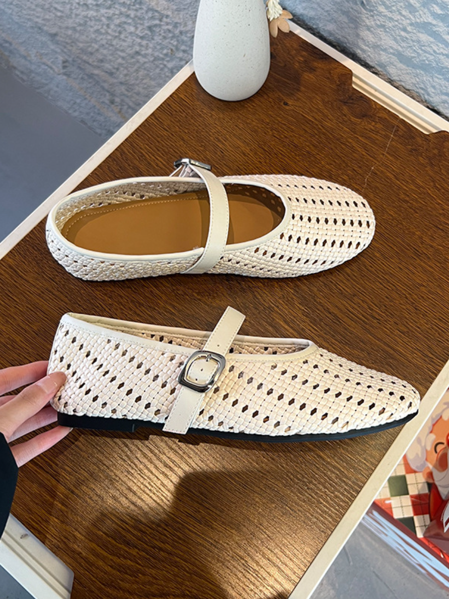 Breathable Woven Mary Jane Flats | Perforated Retro Buckle Loafers
